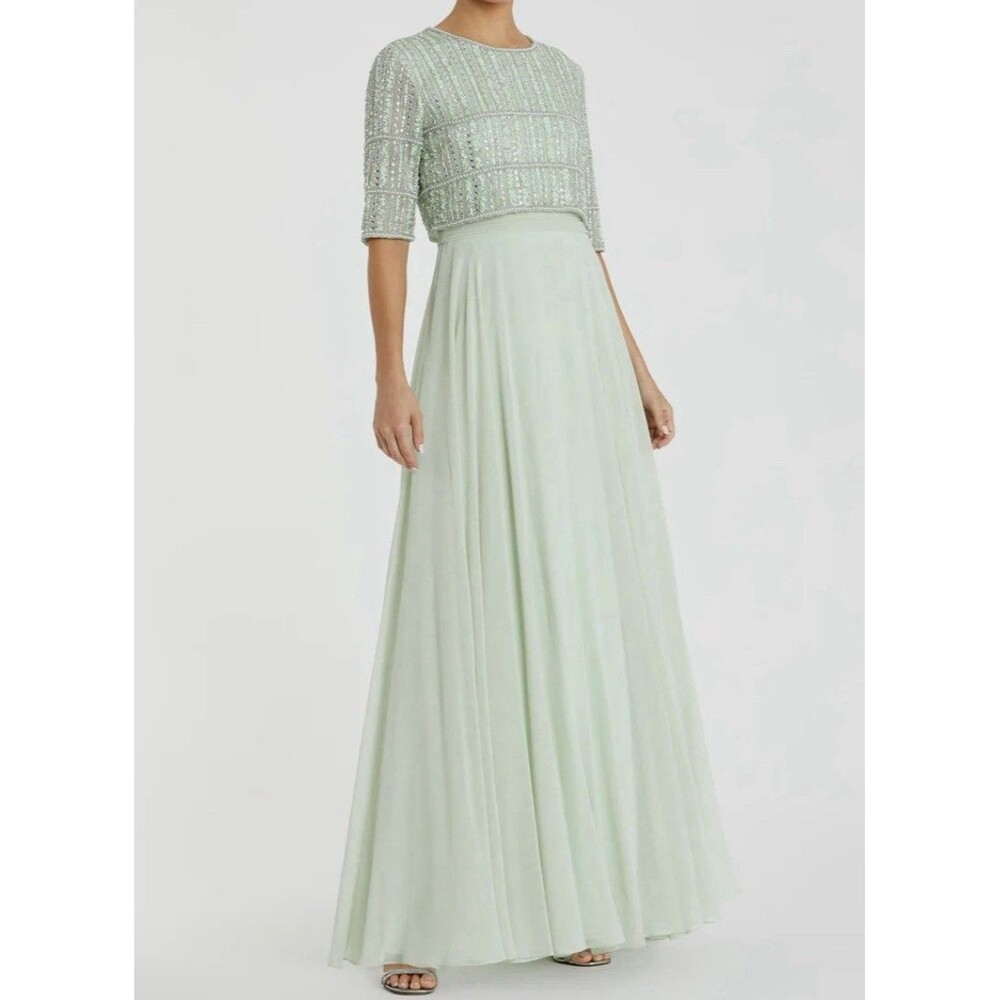 Mac Duggal Beaded Bodice Sage Chiffon A-Line Gown #9180 - size 4 -retail $598